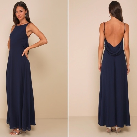 LULU\'s Prom Wedding Flowy Romantic Open Back Navy Chiffon Maxi Dress NWOT